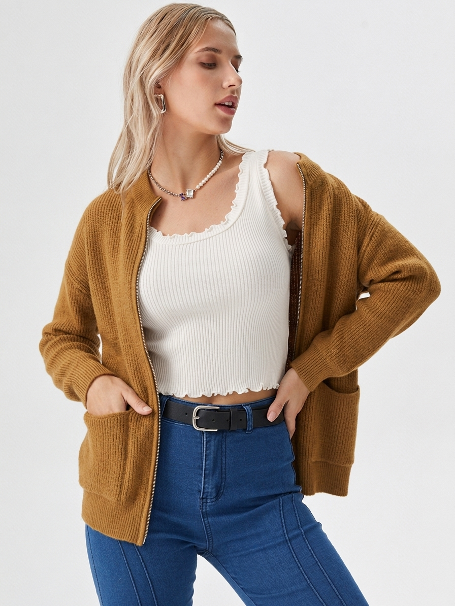 Tindra | Classic Zip-Up Ribbed Mock-Neck Cardigan