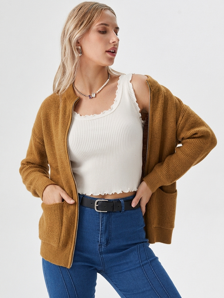 Tindra | Classic Zip-Up Ribbed Mock-Neck Cardigan