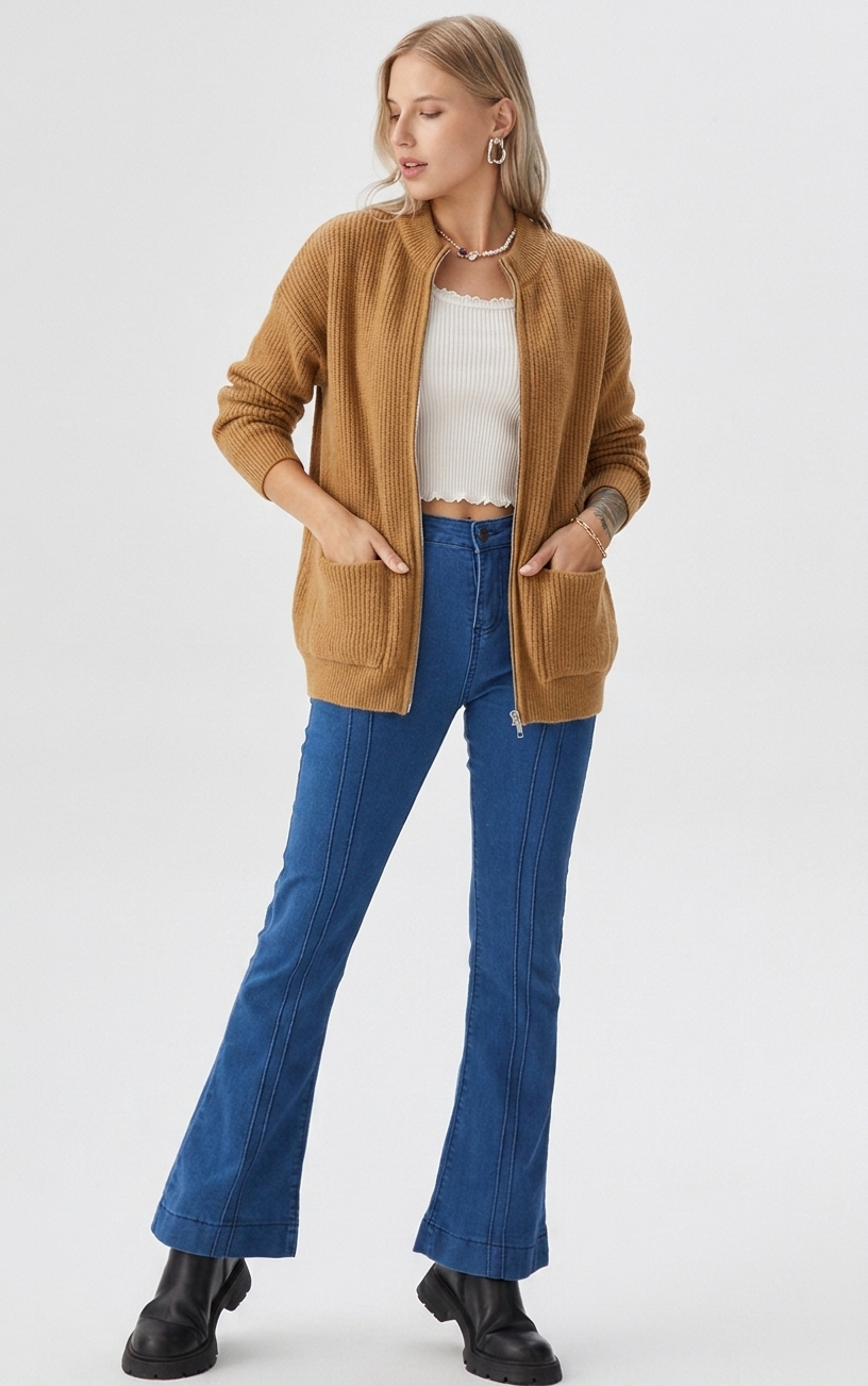 Tindra | Classic Zip-Up Ribbed Mock-Neck Cardigan
