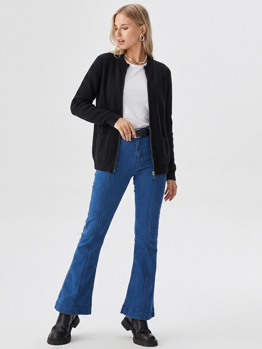 Tindra | Classic Zip-Up Ribbed Mock-Neck Cardigan