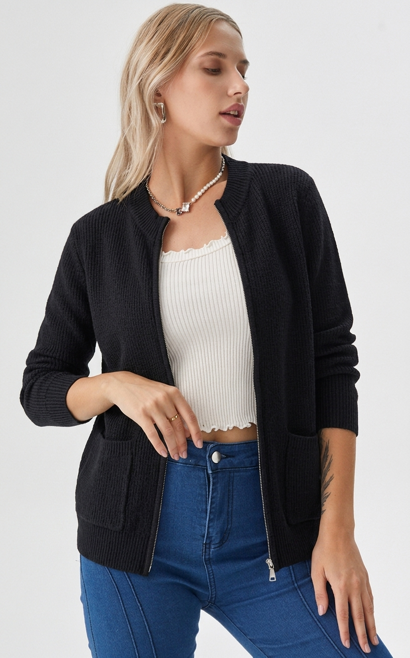 Tindra | Classic Zip-Up Ribbed Mock-Neck Cardigan