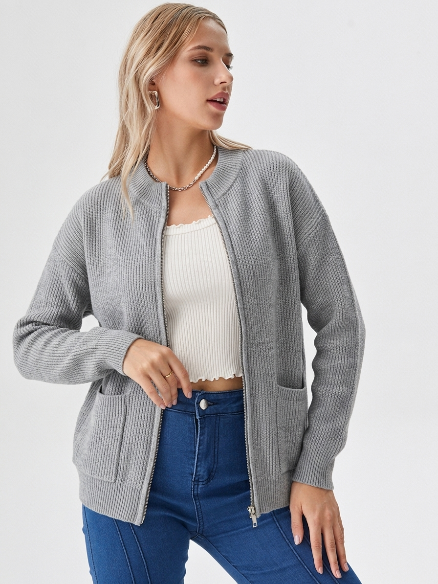 Tindra | Classic Zip-Up Ribbed Mock-Neck Cardigan