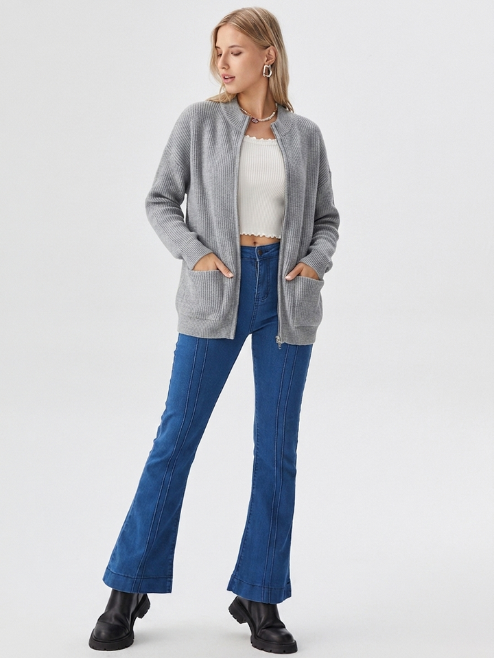 Tindra | Classic Zip-Up Ribbed Mock-Neck Cardigan