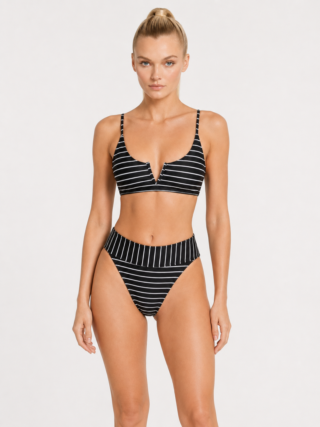Women's Black White Striped Bikini Set High Waist