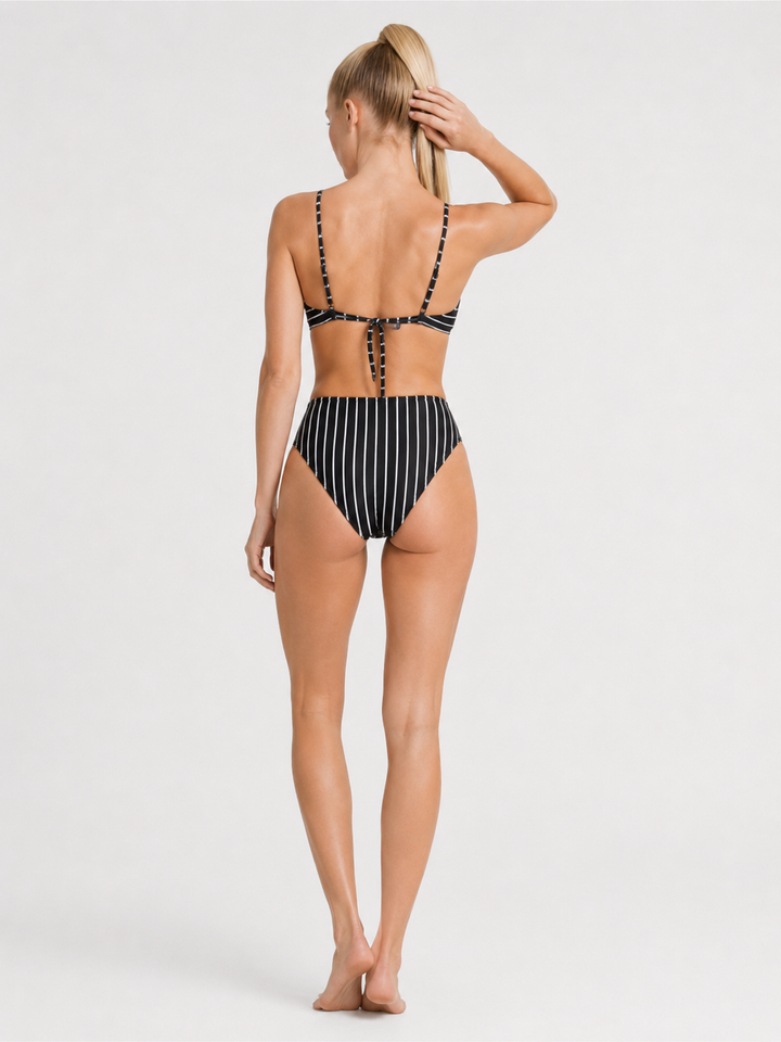 Women's Black White Striped Bikini Set High Waist