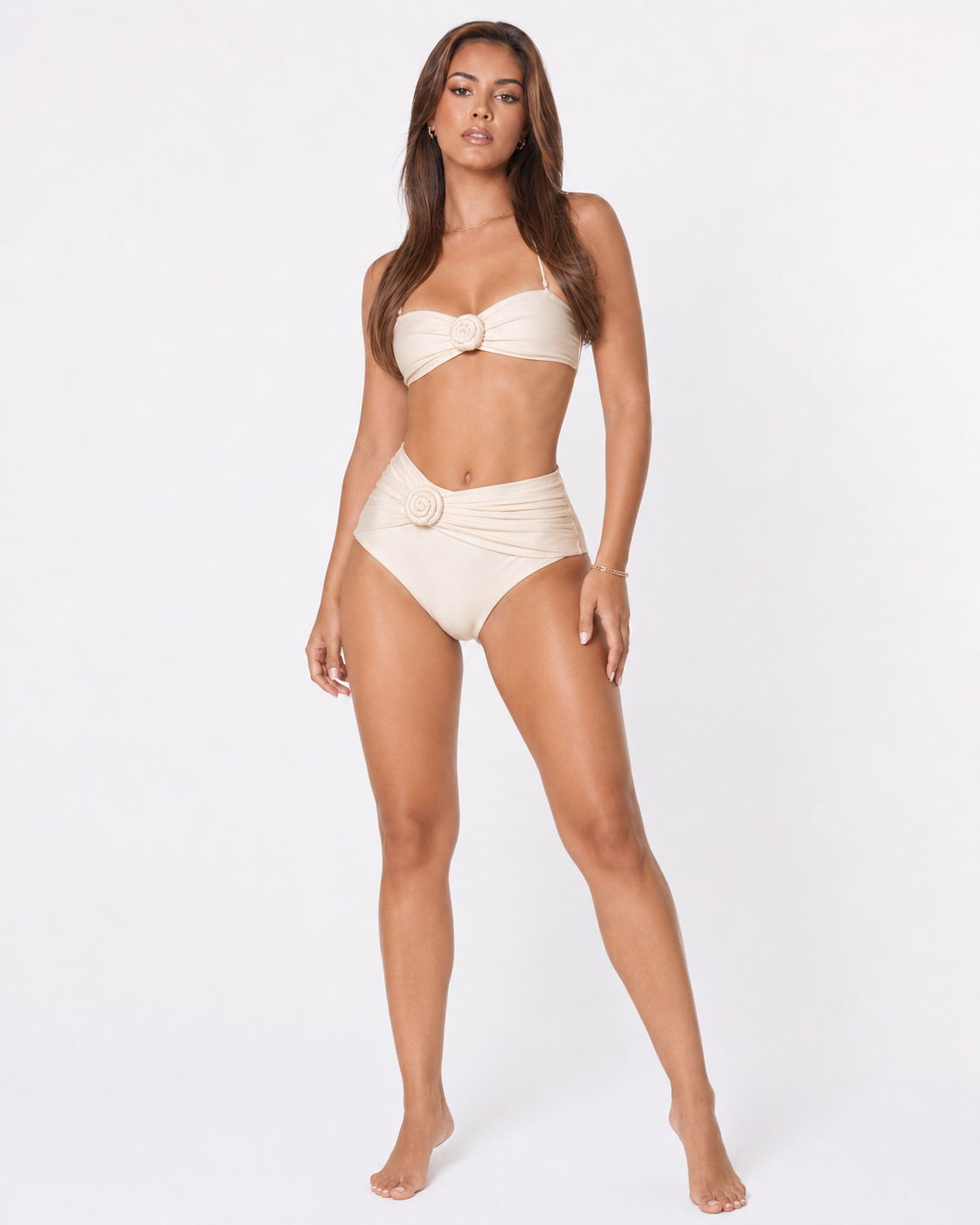 Cream High Waist Bikini Rosette Bandeau Top