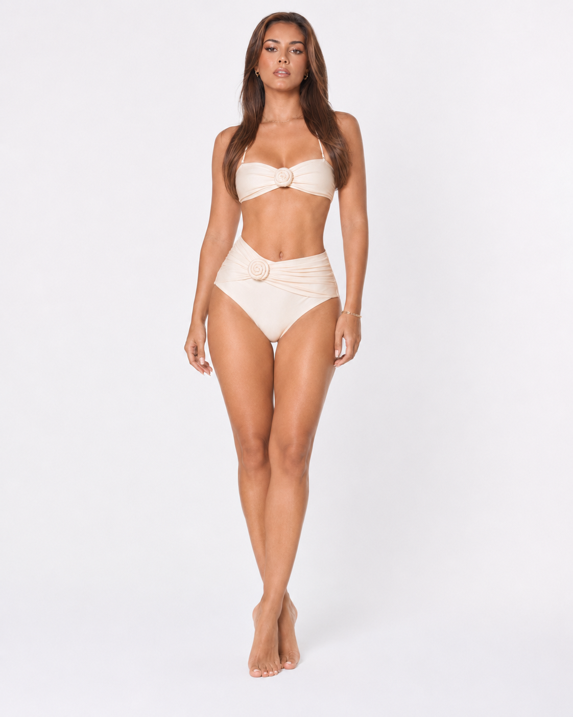 Cream High Waist Bikini Rosette Bandeau Top