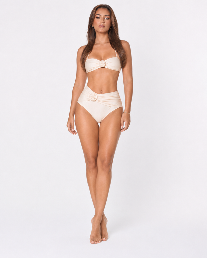 Cream High Waist Bikini Rosette Bandeau Top