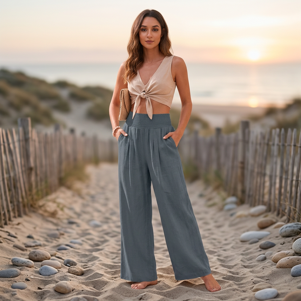 Jorunn | Sophisticated High Waisted Leg Smocked Waist Trousers