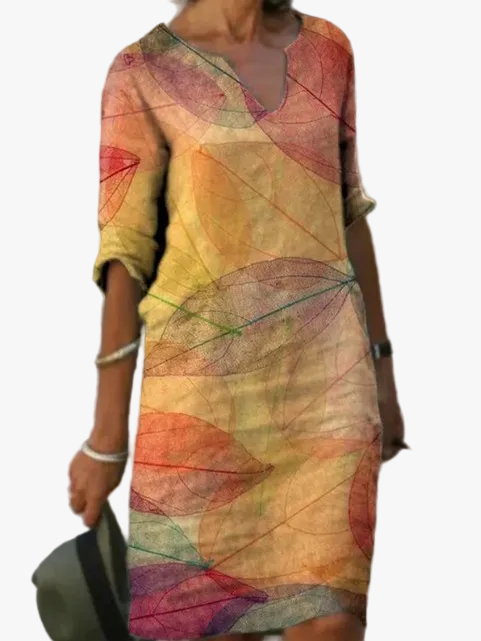 Seraphina | Classic Casual Woven Midi Dress with V Neck and 3/4
